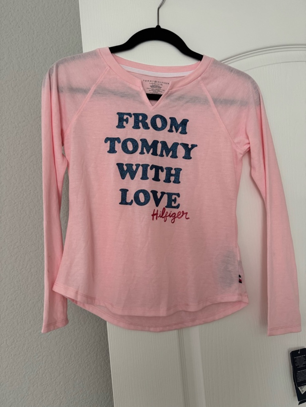 Tommy Hilfiger Pink Long Sleeve Pajama Top with Navy & Red Logo